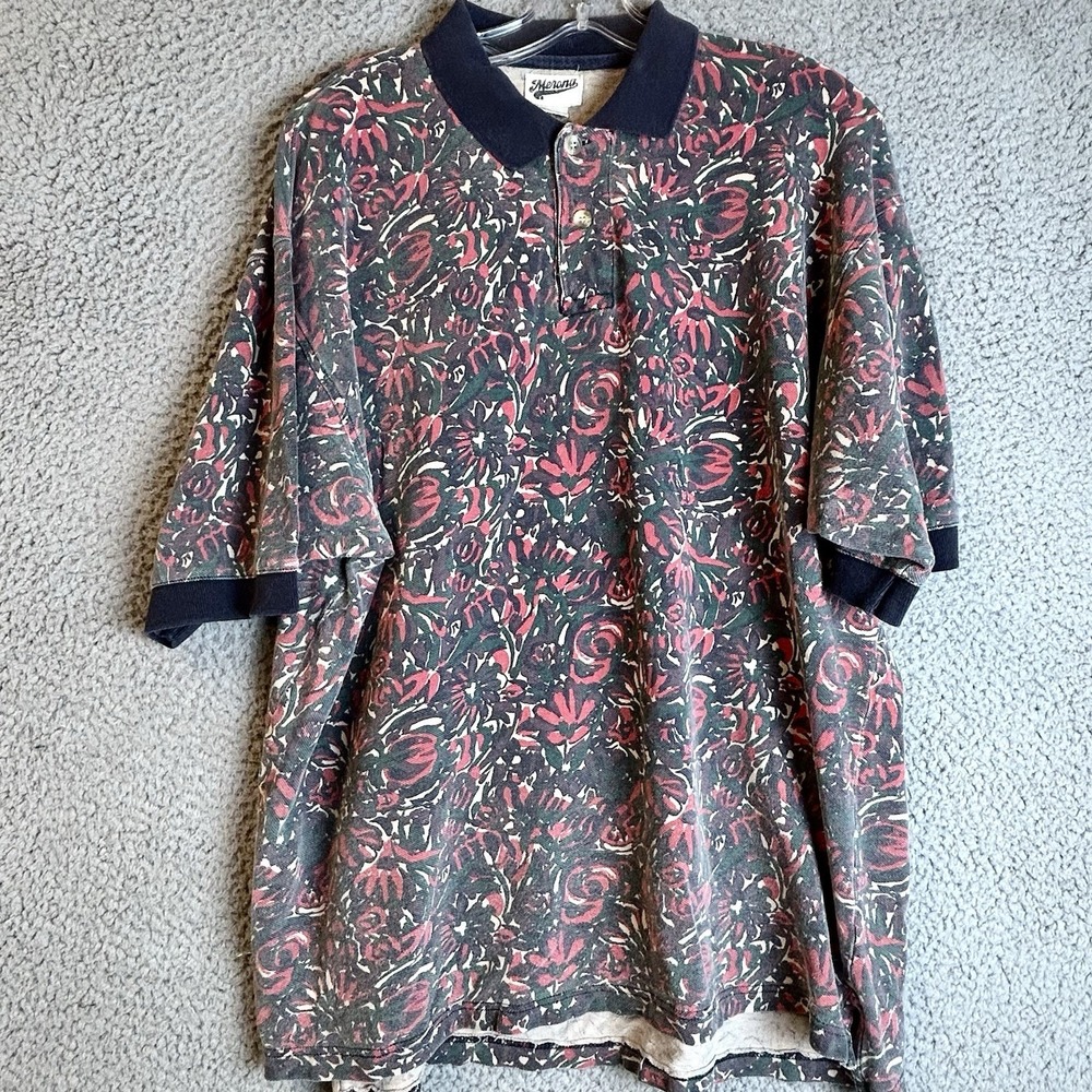 Vintage 90 Roses Polo Shirt Mens Large Floral Roses AOP Grunge Grandpa Wear